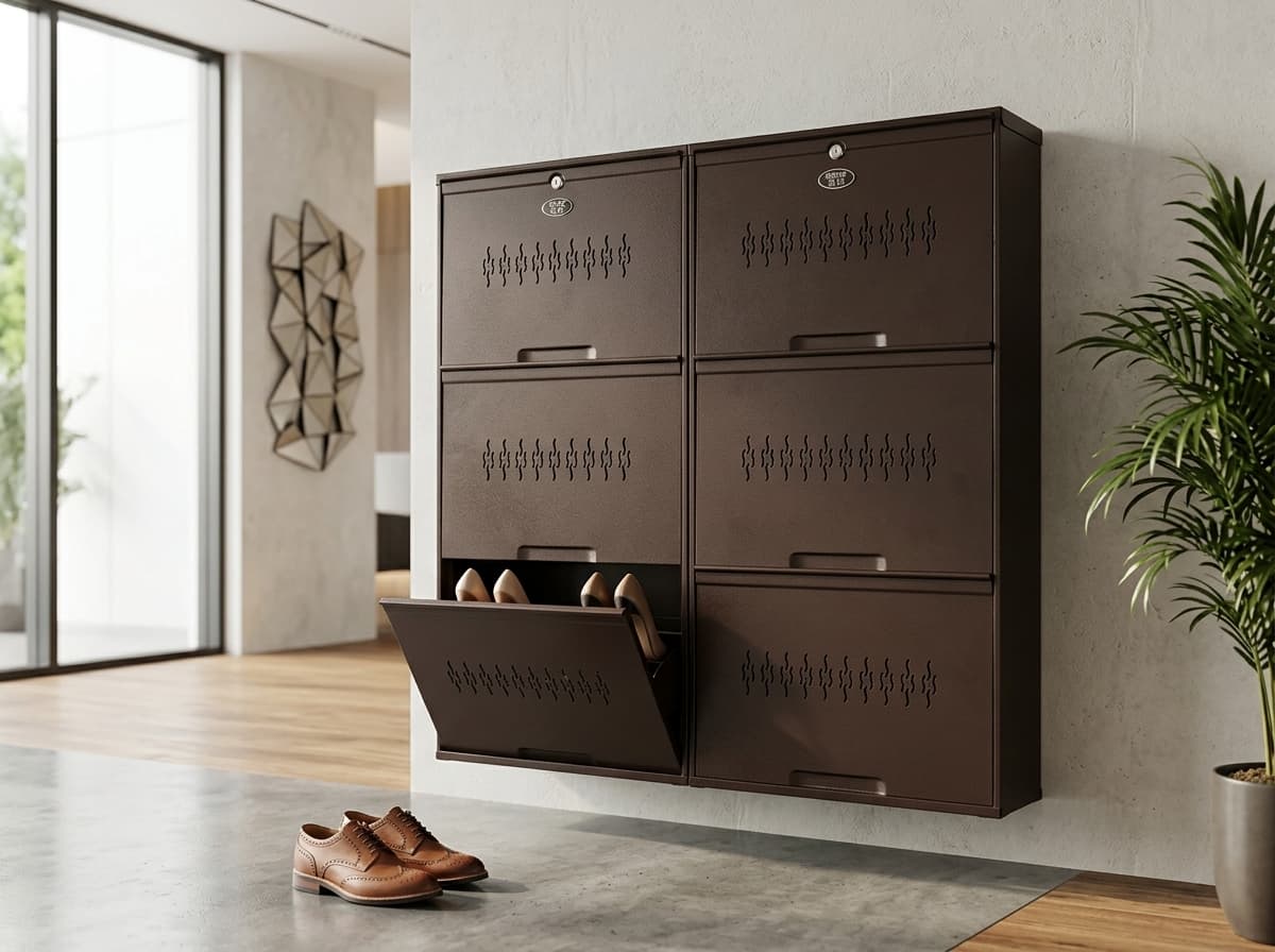 Coffee Brown wall-mounted steel shoe rack in a modern foyer, showing the hammered matte powder-coated finish