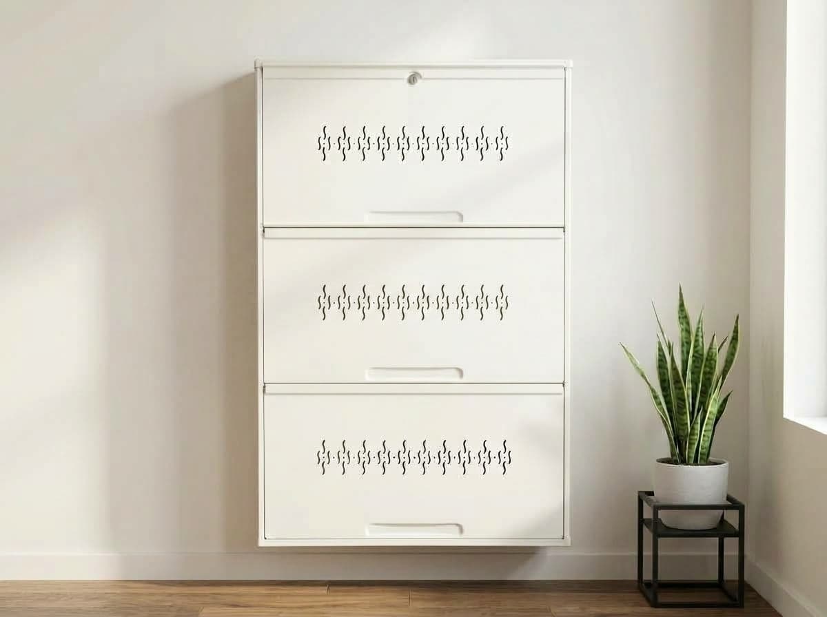 Ivory White wall-mounted steel shoe rack in a home entryway, with all three tiers closed
