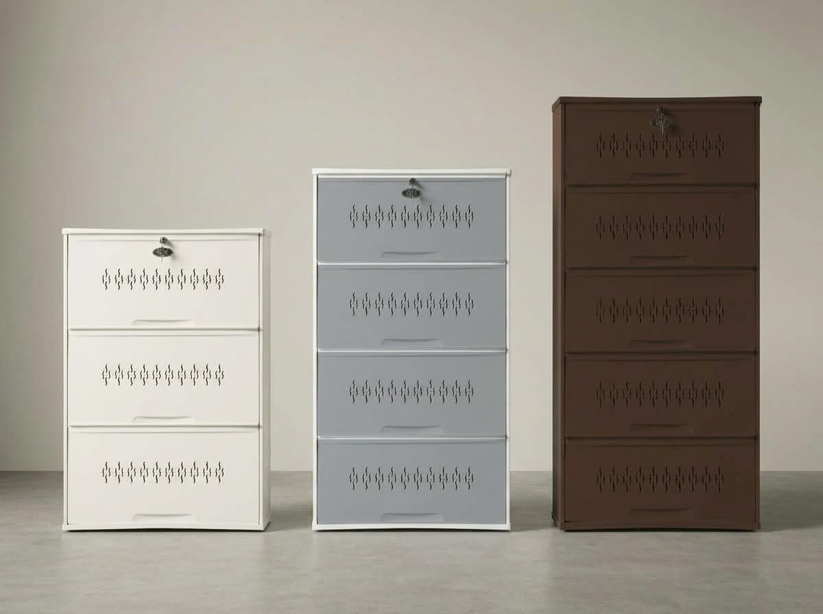 True scale comparison of 3-Door Step (100 cm), 4-Step (135 cm), and 5-Step (170 cm) steel shoe racks side by side in all finishes